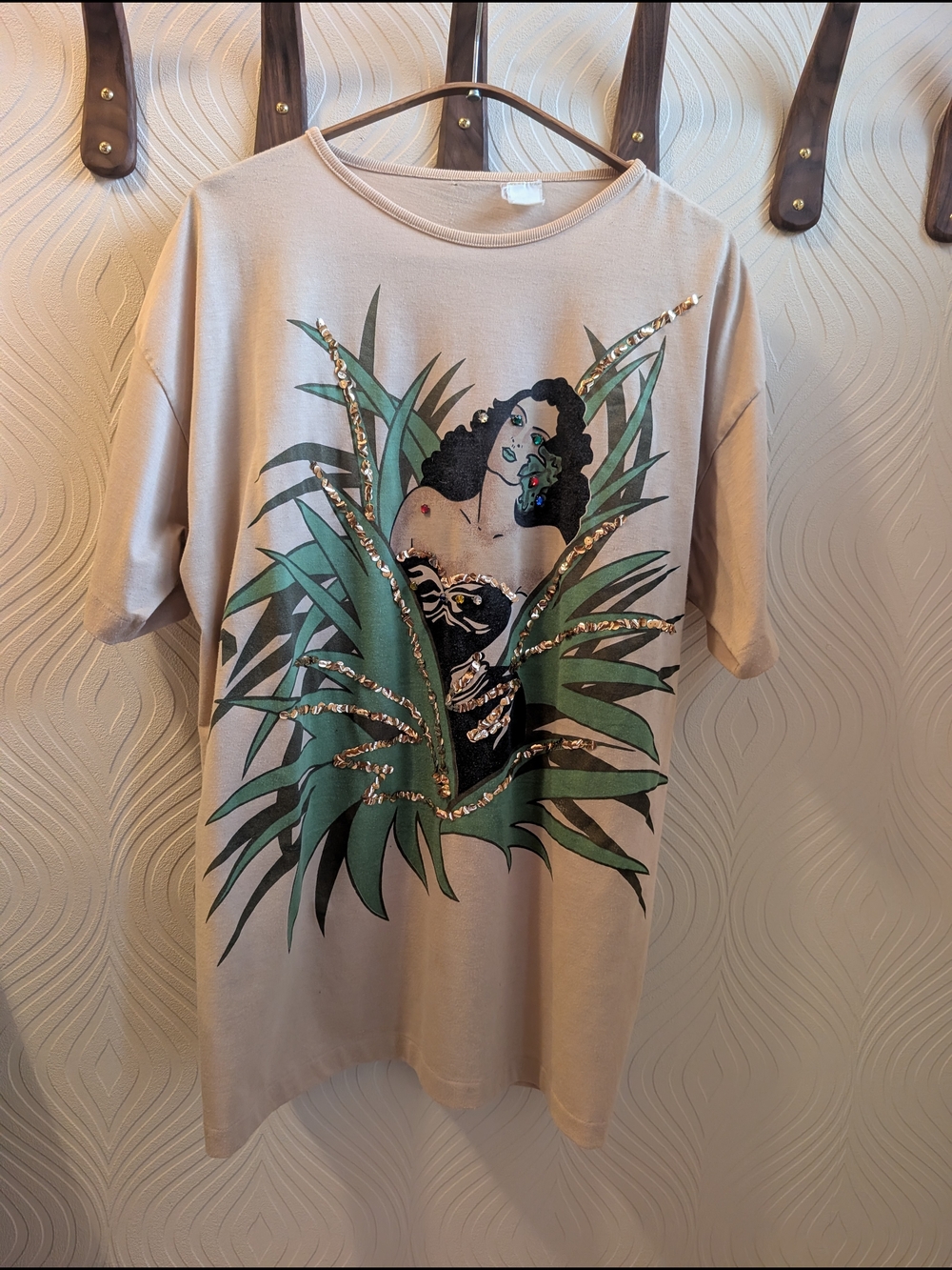 Beige Graphic Tee with Green Plant and Sequin Accents